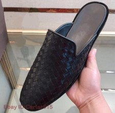 Retro Men's Leather Woven pattern Closed Toe Mules Breathable Casual Slippers SZ