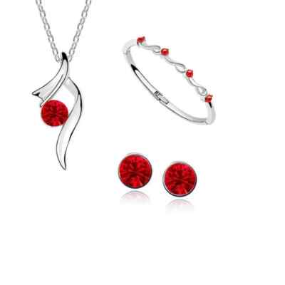 JEWELRY, NECKLACE, EARRINGS, BRACELET SET RUBY RED CRYSTAL | eBay