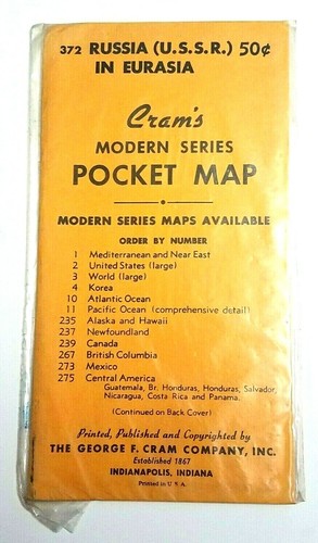 NOS Sealed 1950's Cram's Modern Series Pocket Map Russia USSR in Eurasia # 372