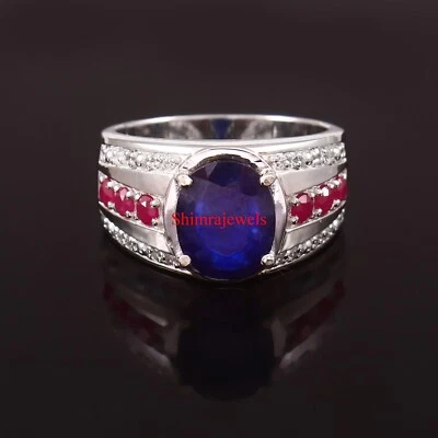 Künstlicher Saphir & Heizbar Rubin Mit 18k Vergoldet Silber Herren Ring #1303 - Bild 1 von 4