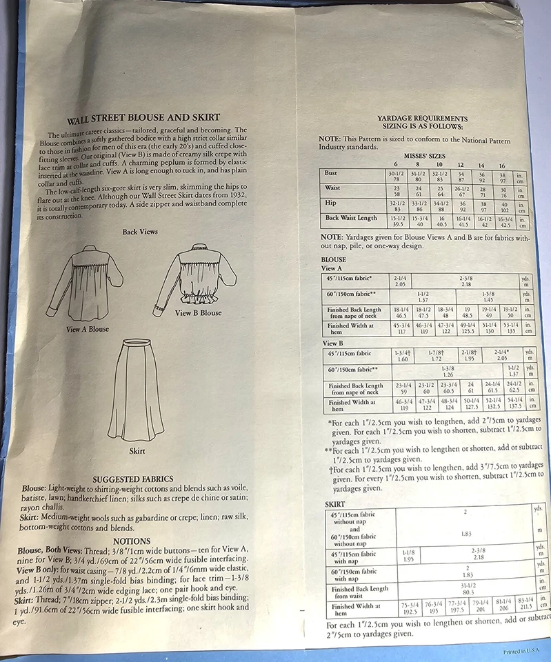 Blusa y falda Folkwear Wall Street patrón de costura 232 tallas 8-16 '85 sin usar-F2 Foto 3 de 4