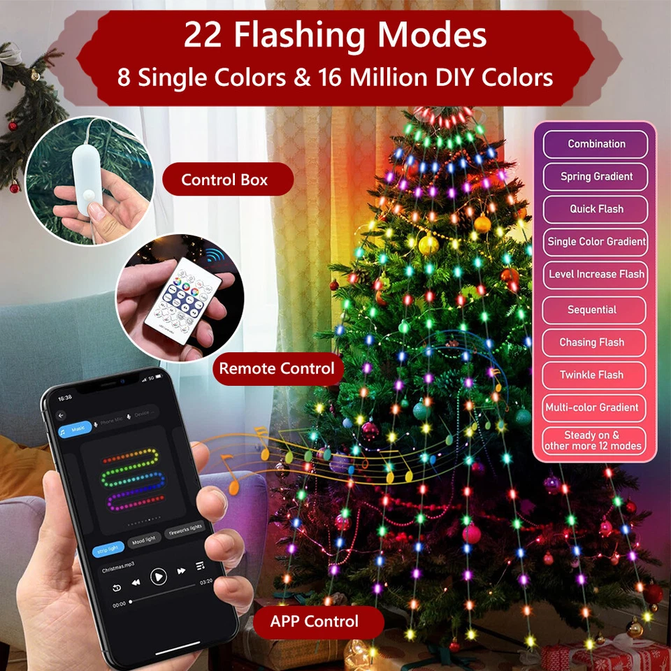 Christmas Tree Waterfall String Lights RGB Outdoor/Indoor Waterproof Smart Fairy - Image 3 of 4
