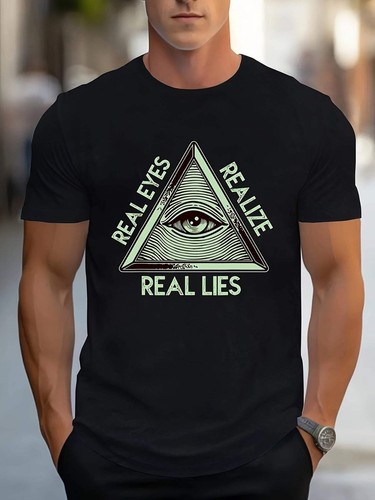 T-shirt uomo modello occhi e triangolo e stampa lettere REALEYES REALZE REALLIES - Foto 6 di 7