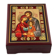 Holy Family Icon Box Rosary Box Jewelry Prayer Bead Keepsake Holder Wooden