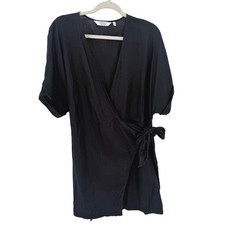 & Other Stories Stockholm Atelier Black 100% Linen Wrap Mini Dress Womens 12
