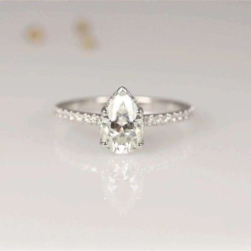 3 CT Pear Cut Hidden Halo VVS1 Moissanite Engagement Ring 14K White Gold Plated