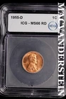 1955-D Lincoln Wheat Cent-ICG MS 66 RD Choice Gem BU No Reserve #SLL993
