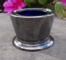 English Silverplated Open Salt Dip, Cellar, Dish w/Blue Glass Liner!