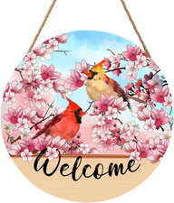Welcome Spring Summer Cardinal Birds Front Door Sign 12"x12" Pink Blossoming Flo