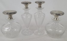 Set Of 4 Sterling Silver & Etched Crystal Decanters With Stoppers Vintage Design