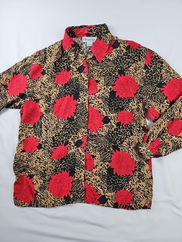 Oscar de la Renta, Oscar de la Renta Vintage Mod Wife Animal Print Silk Floral Blouse Sz S