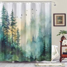 Green3 Watercolor Forest Shower Curtain Misty Pine Trees 72x72 Inch Hooks Set