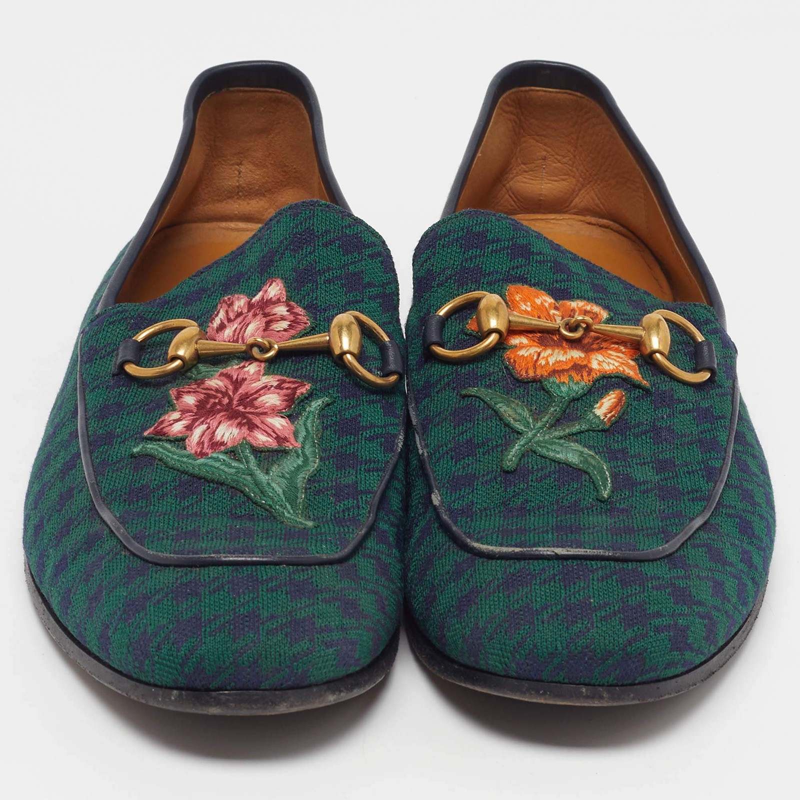 Gucci Horsebit Size 44 GreenNavy Blue Knit Fabric Flora Embroidered Loafers thumbnail 3