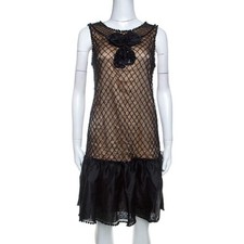 Red Valentino Black Beaded Lace and Silk Ruffle Detail Short Dress L