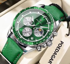 POEDAGAR Mens Chronograph Watch Leather Strap Waterproof Sports Quartz