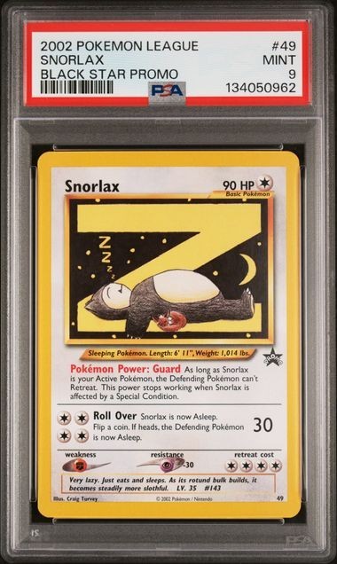 2002 POKEMON LEAGUE SNORLAX #49 BLACK STAR PROMO PSA 9