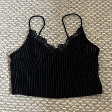 Women's Black Solid Ribbed Camisole Tank Top with Lace Trim Stretch Straps