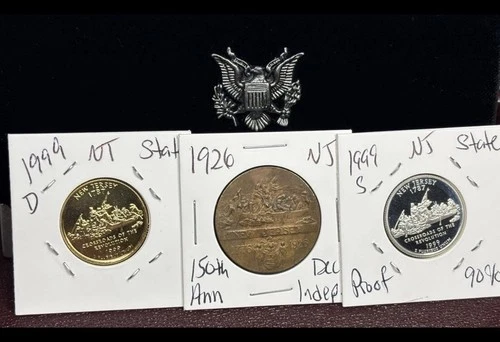 State Coin Trio – Proof Silver, Gold-Plated & 1926 Sesquicentennial Copper - NJ
