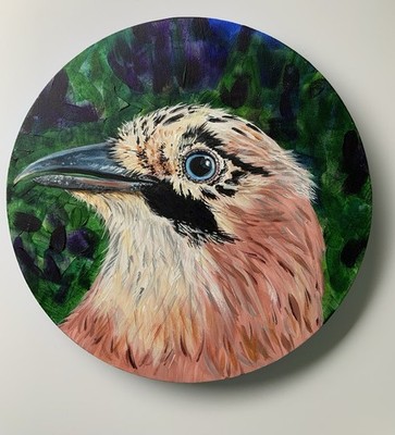 Original Acryl Gemälde Wandbild auf runder Leinwand Vogel Kunst Eichelhäher Portrait