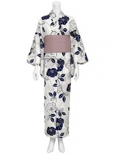 Japanese Yukata Set Camellia Tsubaki Floral White Navy F Size Kimono Obi DDP USA