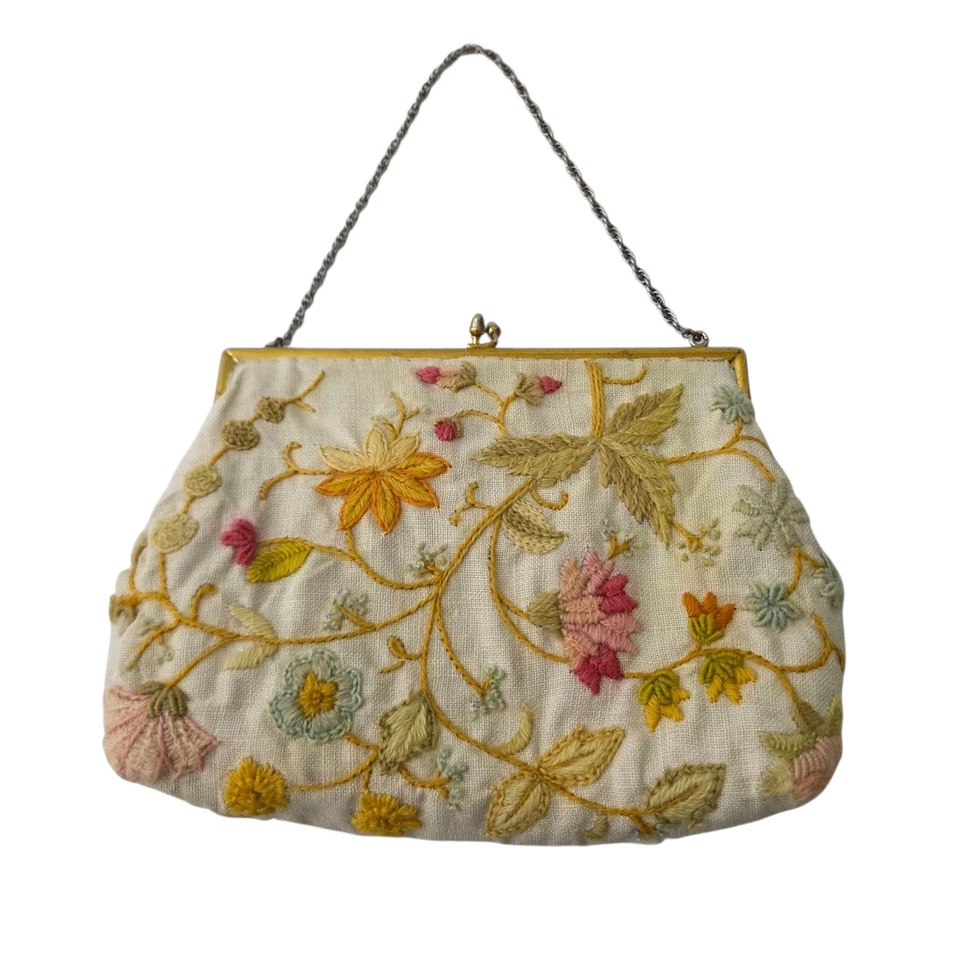 Cartera de lino crewel jacobea vintage con correa de cadena dorada diseño floral y enredaderas  Foto 3 de 4