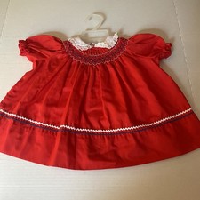 Vtg Polly Flinders 18 Mo Red Smocked Dress Embroidered Trim Toddler Girls