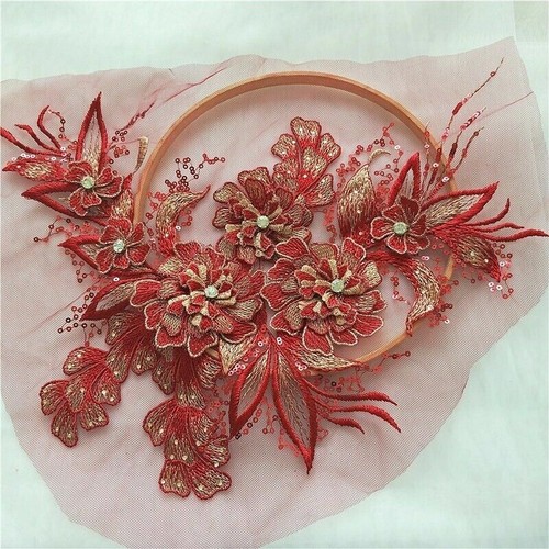 Embroidery Lace Applique 3D Sequin Patch DIY Wedding Dress Sewing Trimming Craft - Picture 6 of 22