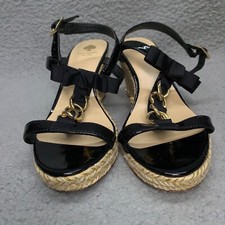 Kate Spade Flora Wedge Heel Sandal Womens 8 M Black Patent Leather Buckle w/ Box