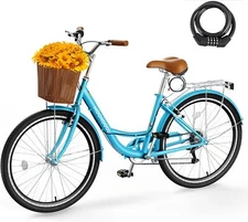 MOONCOOL Beach Cruiser Bike for Women, Bike with Ratten Basket and Rack 26 inch