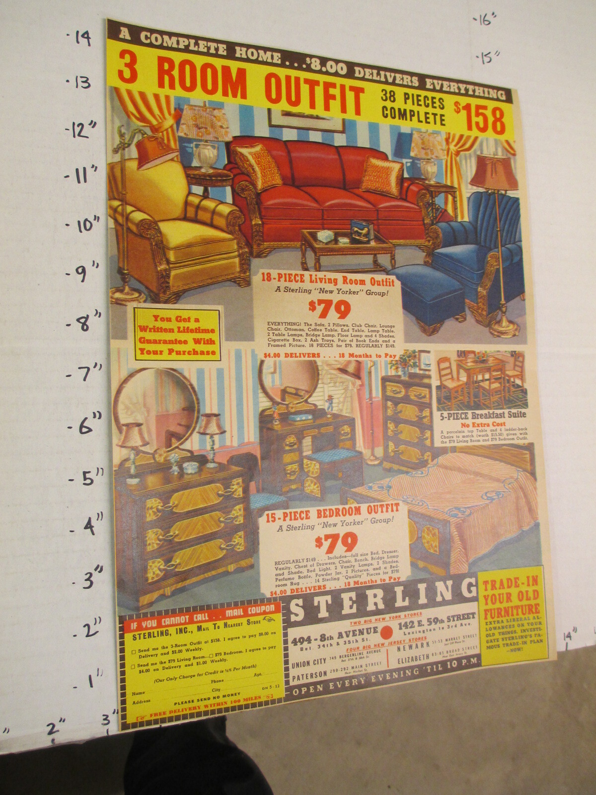 newspaper ad 1940 Sterling furniture set 158 38pc couch chair lamp