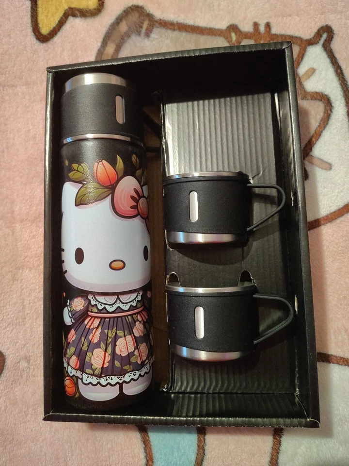Hello Kitty Sanrio Termo 17oz Caja de Regalo Juego de 4 piezas ACERO AISLADO Kawaii NEGRO Foto 3 de 3