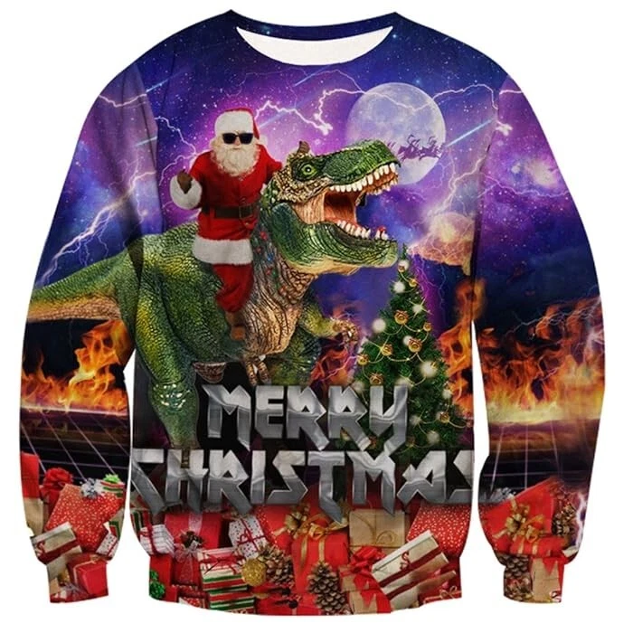 SANTA CLAUS RIDING DINOSAUR UGLY CHRISTMAS SWEATER | eBay