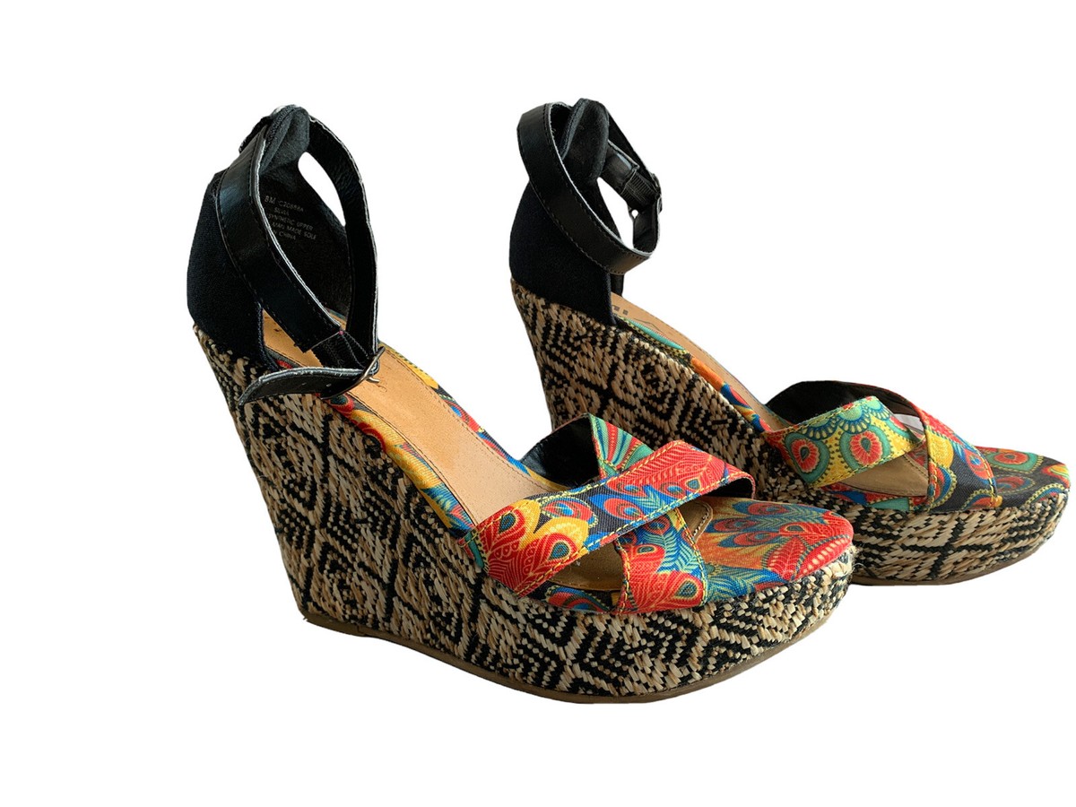 Mia Cloth Wedge Sandals Ankle Strap size 8M “Silvia” Multi-Color Peacock  Feather