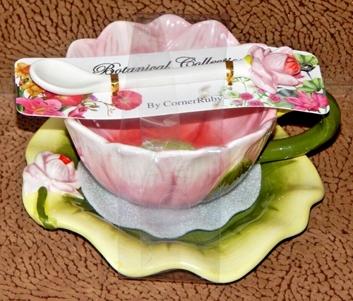Corner Ruby Garden Collection Rose Flower Teacup Scalloped Saucer & Spoon NEW - Picture 3 of 9