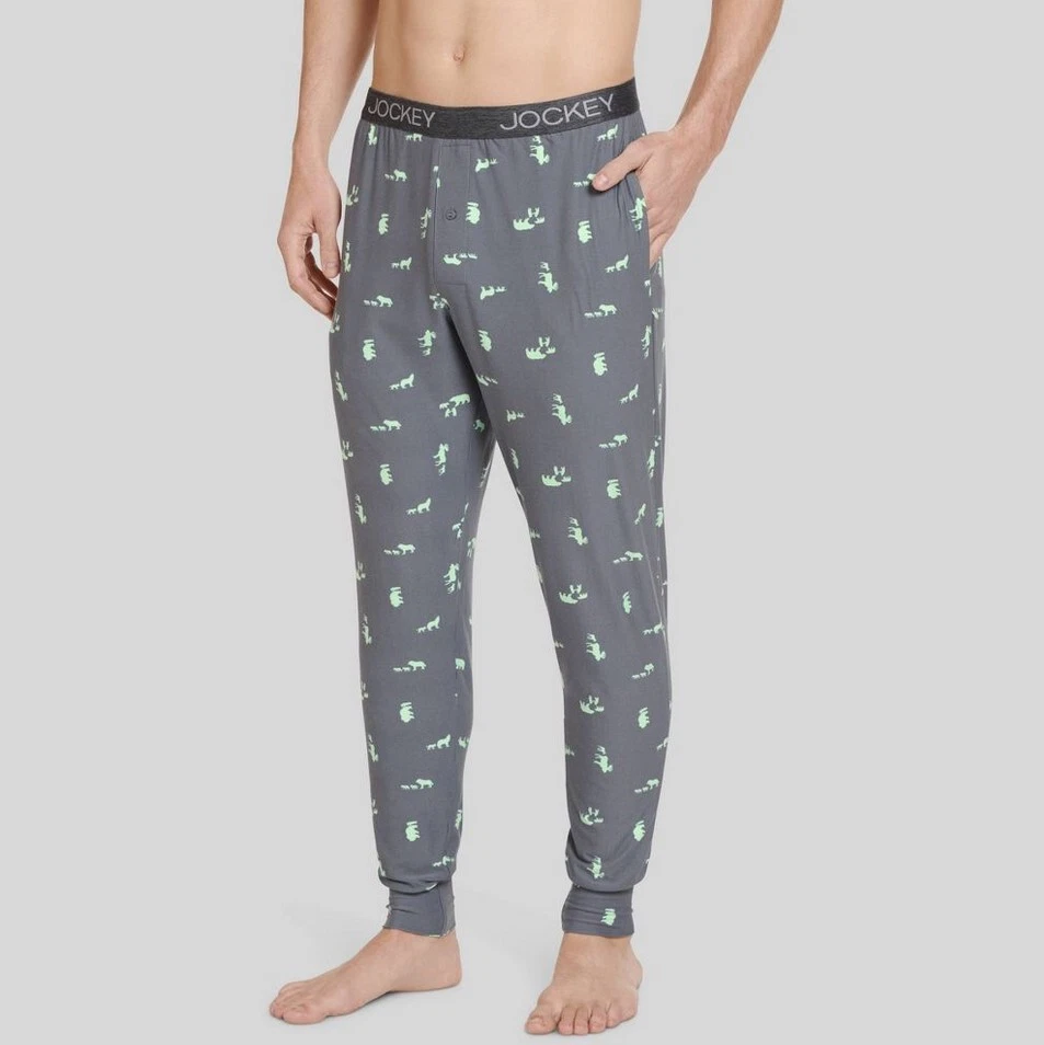 Jockey Mens Pajama Sleep Pants Joggers S Gray Wolf Bear Soft