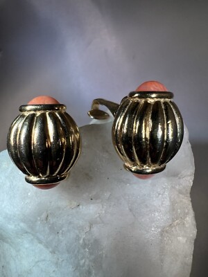 Vintage Signed Ciner Double Cabochon Faux Agate Coral Gold Ribbed Earrings