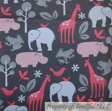 BonEful FABRIC FQ Cotton Quilt Gray White Pink Baby Girl Elephant Giraffe Flower