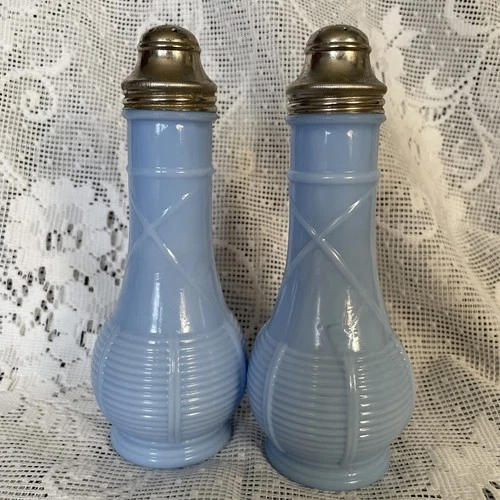 Vintage Jeannette Blue Delphite Milk Glass ~ Salt & Pepper Shakers w/ Screw Caps