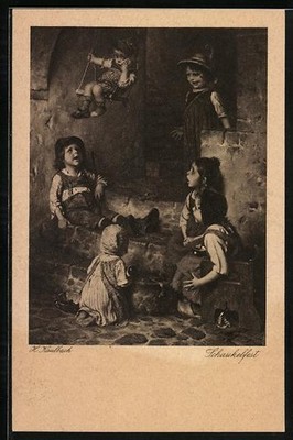 Artist postcard Hermann Kaulbach: swing party, children have a swing in the house 