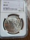 1923 Philadelphia Mint Peace Silver Dollar MS63 $1 NGC