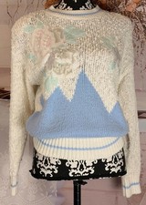 VTG 80  s Needles  Yarn Women's Ivory Beaded Floral Appliqu  Pullover Sweater M