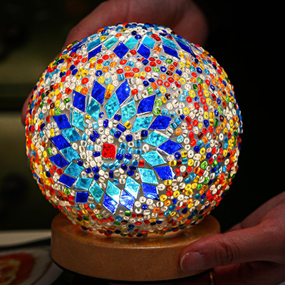 HAIDOLIANG Turkish Table Lamp (D:4.7'' X H:5.2''),Mosaic Glass Lamps with Wooden B