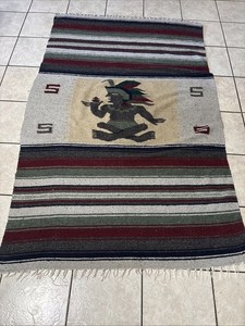 Vintage Mexican Saltillo Serape Rug Blanket Aztec Mayan Warrior 44x77 Hand Woven