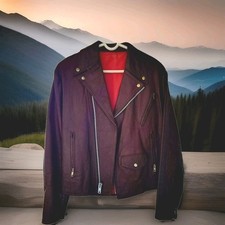 Men's Black Leather Biker Jacket with Red Lining and Zipper Button Accents