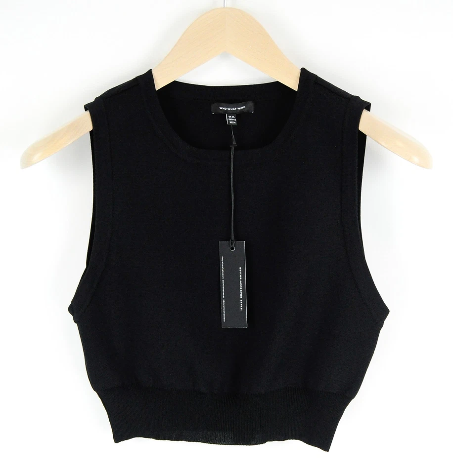 WHO WHAT WEAR Women Top XL Black Sleeveless Plain Cropped Round Neck Casual - Image 2 of 4