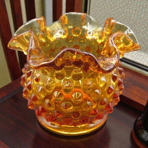 3 Inch Vintage Amber Fenton Hobnail Ruffle Top Rose Bowl