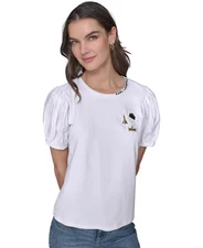 KARL LAGERFELD PARIS Women's Top Sz M Puff-Sleeve Pin Tee