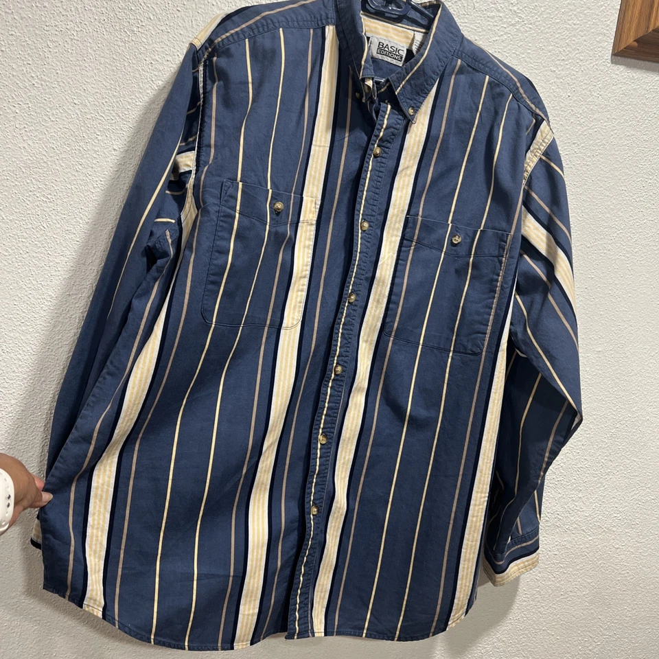 Basic Editions VTG Men's Dress Shirt L Button Down Blue/yellow White Striped - Image 3 of 4