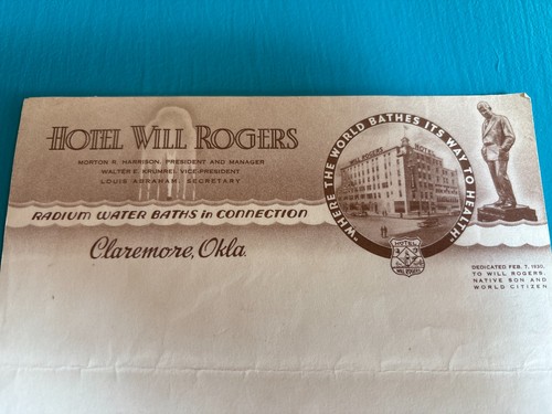 Vintage Hotel Will Rogers Letterhead Claremore OK Radium Water Baths Route 66
