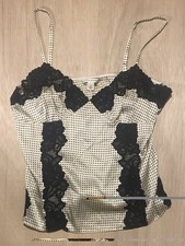 Vintage Y2K Banana Republic Silk Cami in Ivory w/Black Pin Dots  Lace Trim